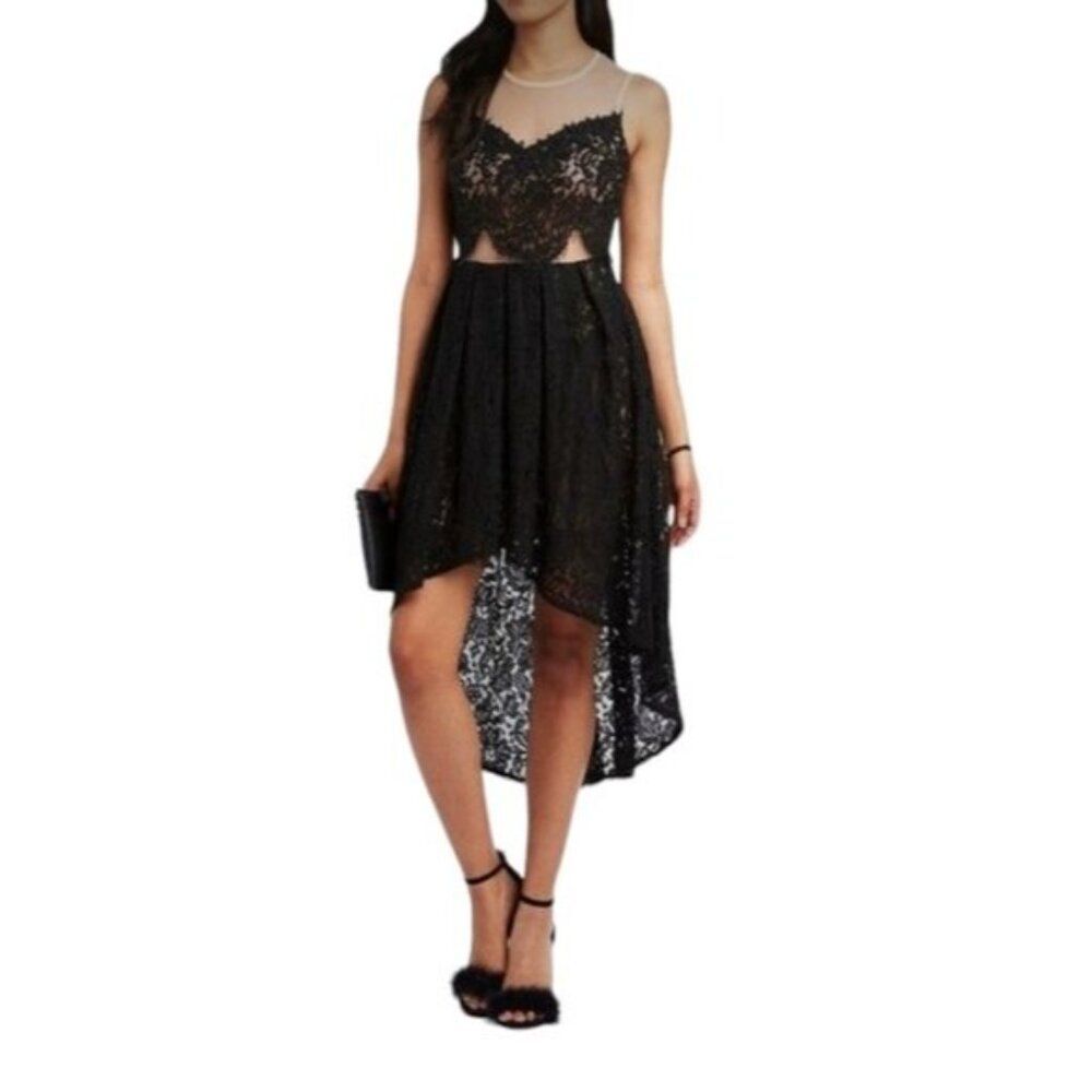 Charlotte Russe Black Lace Dress Nude High Low Illusion Woman's WOMEN'S MEDIUM